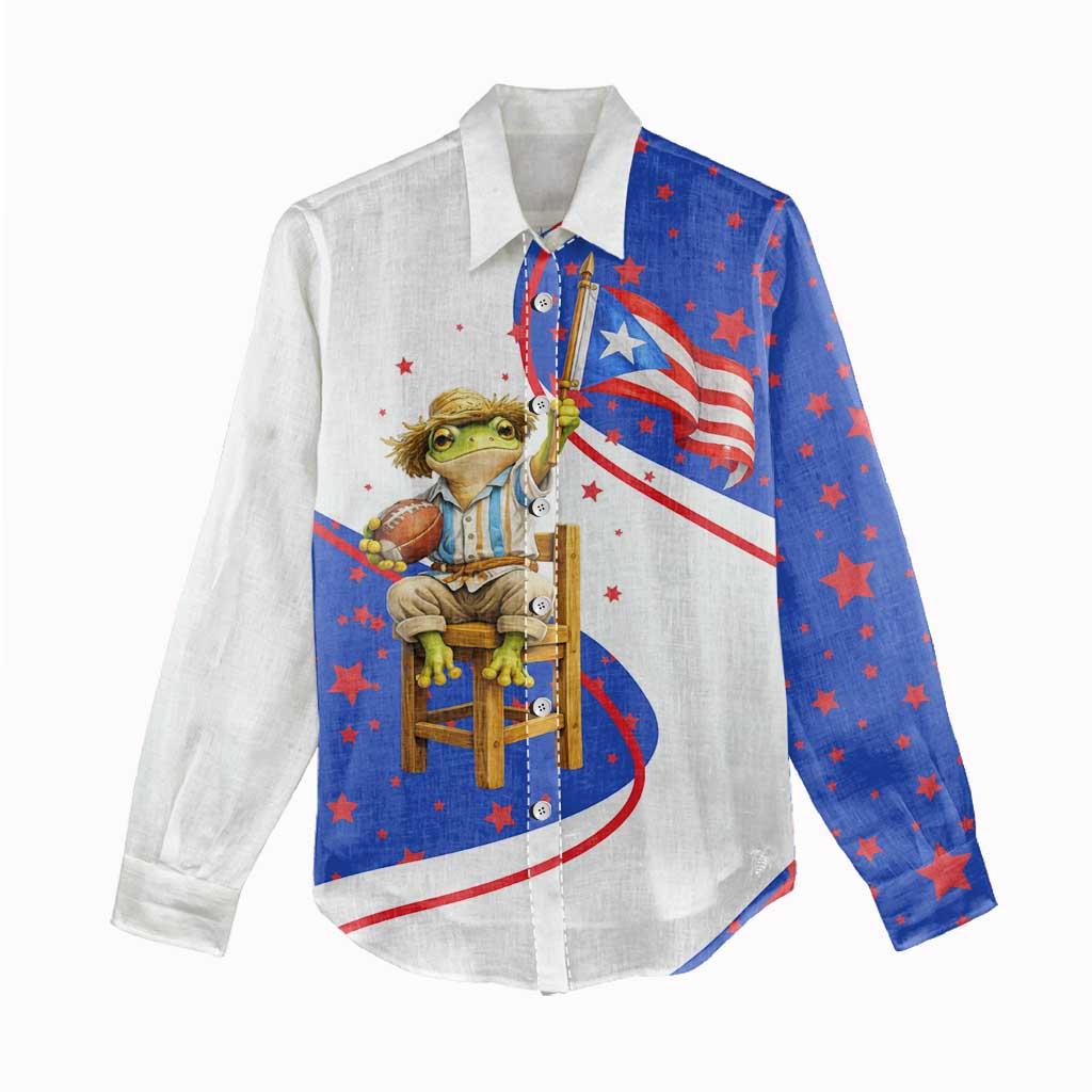 Puerto Rico Coquí Frog Football Fan Women Casual Shirt Whimsical Cartoon Style with Patriotic Elements