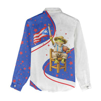 Puerto Rico Coquí Frog Football Fan Women Casual Shirt Whimsical Cartoon Style with Patriotic Elements