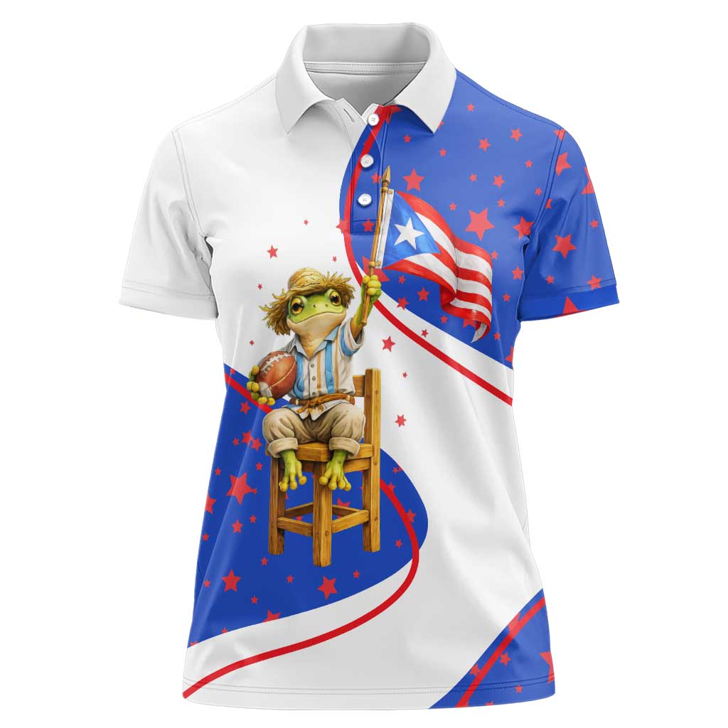 Puerto Rico Coquí Frog Football Fan Women Polo Shirt Whimsical Cartoon Style with Patriotic Elements