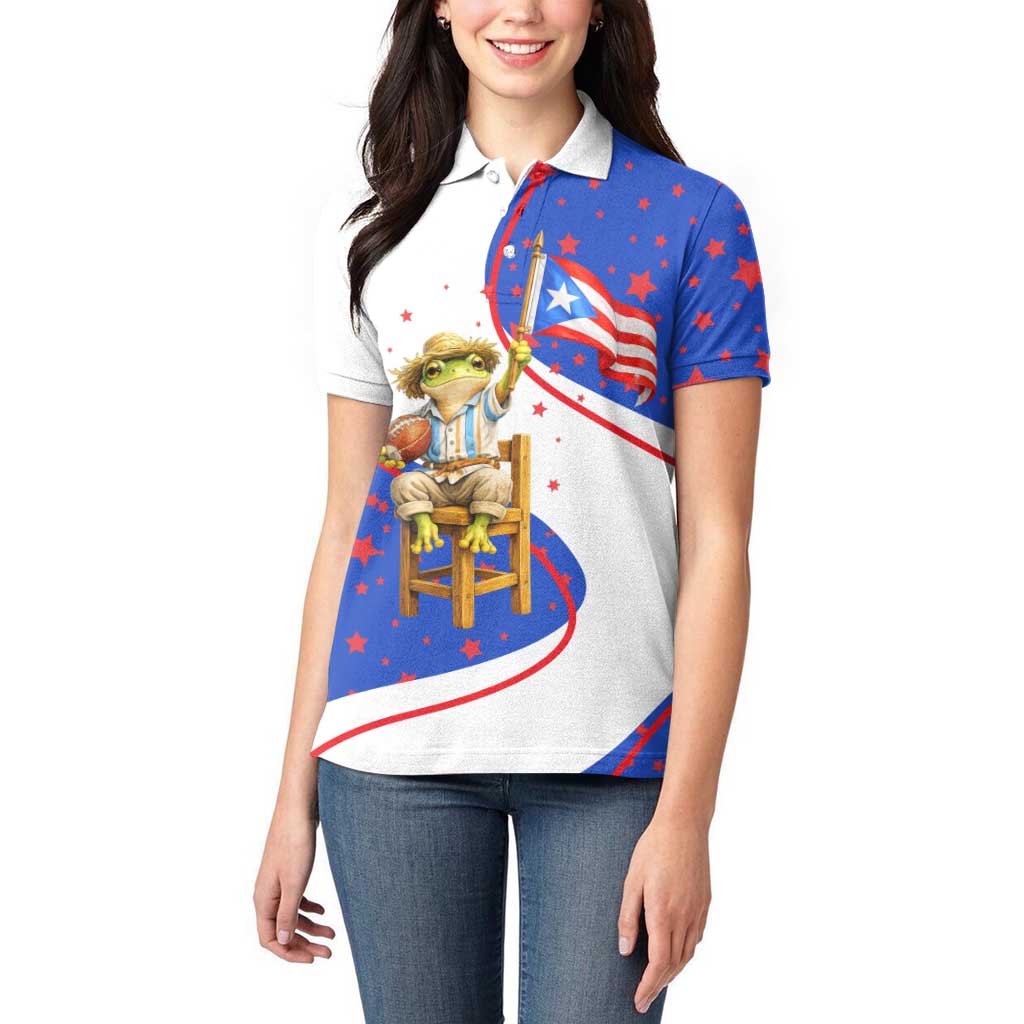Puerto Rico Coquí Frog Football Fan Women Polo Shirt Whimsical Cartoon Style with Patriotic Elements
