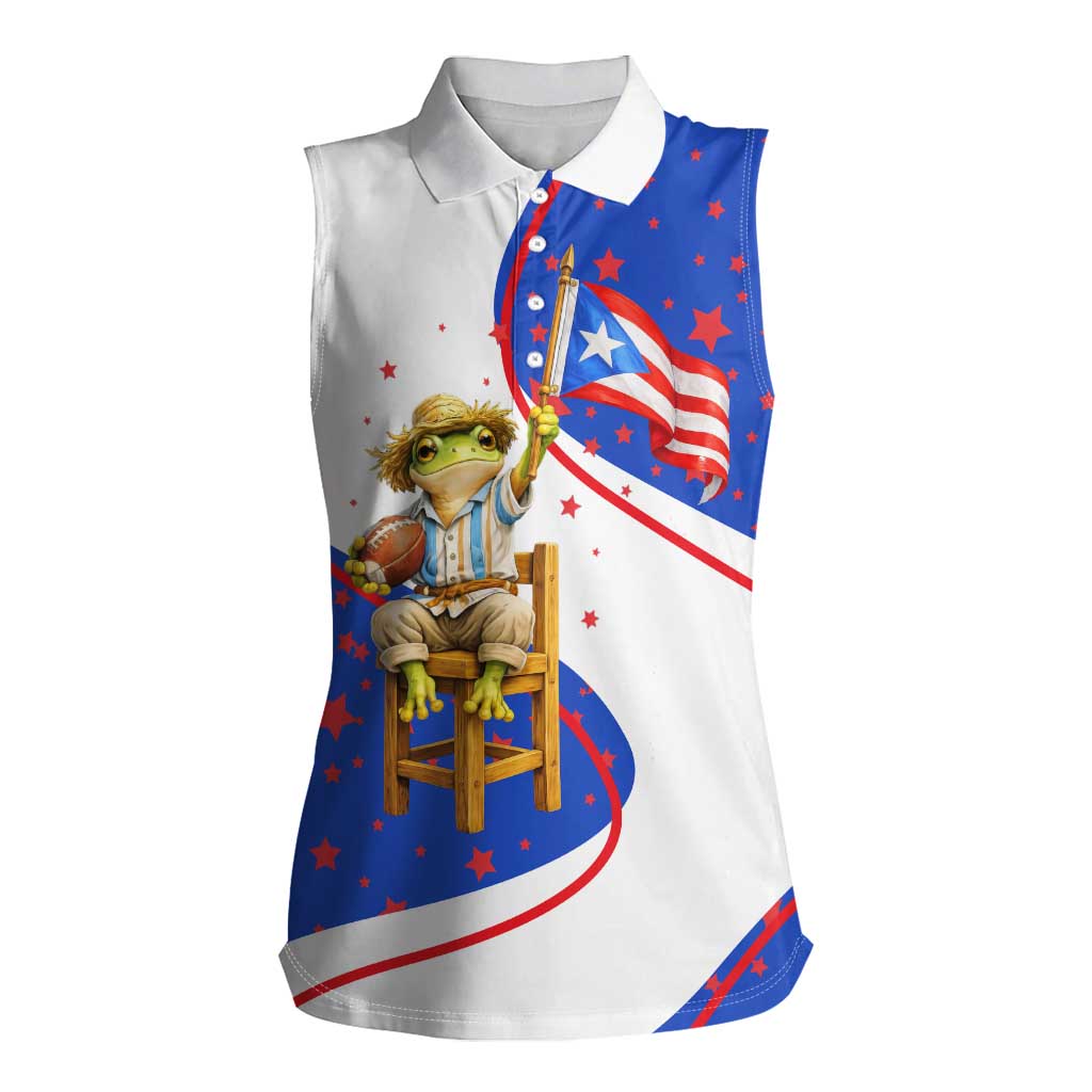 Puerto Rico Coquí Frog Football Fan Women Sleeveless Polo Shirt Whimsical Cartoon Style with Patriotic Elements