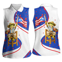 Puerto Rico Coquí Frog Football Fan Women Sleeveless Polo Shirt Whimsical Cartoon Style with Patriotic Elements