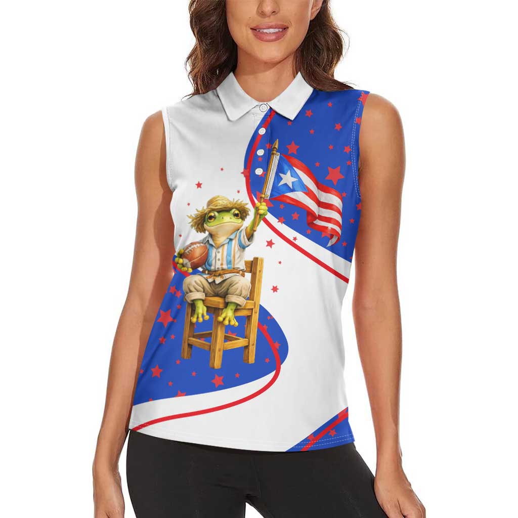 Puerto Rico Coquí Frog Football Fan Women Sleeveless Polo Shirt Whimsical Cartoon Style with Patriotic Elements