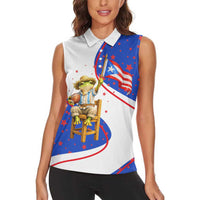 Puerto Rico Coquí Frog Football Fan Women Sleeveless Polo Shirt Whimsical Cartoon Style with Patriotic Elements