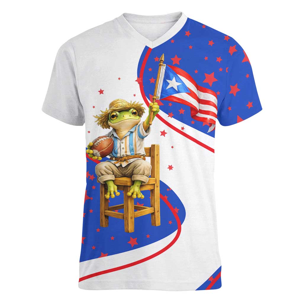 Puerto Rico Coquí Frog Football Fan Women V-Neck T-Shirt Whimsical Cartoon Style with Patriotic Elements