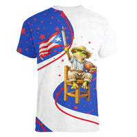 Puerto Rico Coquí Frog Football Fan Women V-Neck T-Shirt Whimsical Cartoon Style with Patriotic Elements