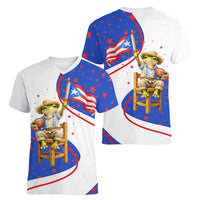 Puerto Rico Coquí Frog Football Fan Women V-Neck T-Shirt Whimsical Cartoon Style with Patriotic Elements