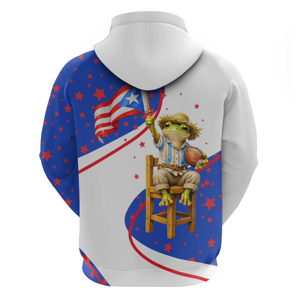 Puerto Rico Coquí Frog Football Fan Zip Hoodie Whimsical Cartoon Style with Patriotic Elements