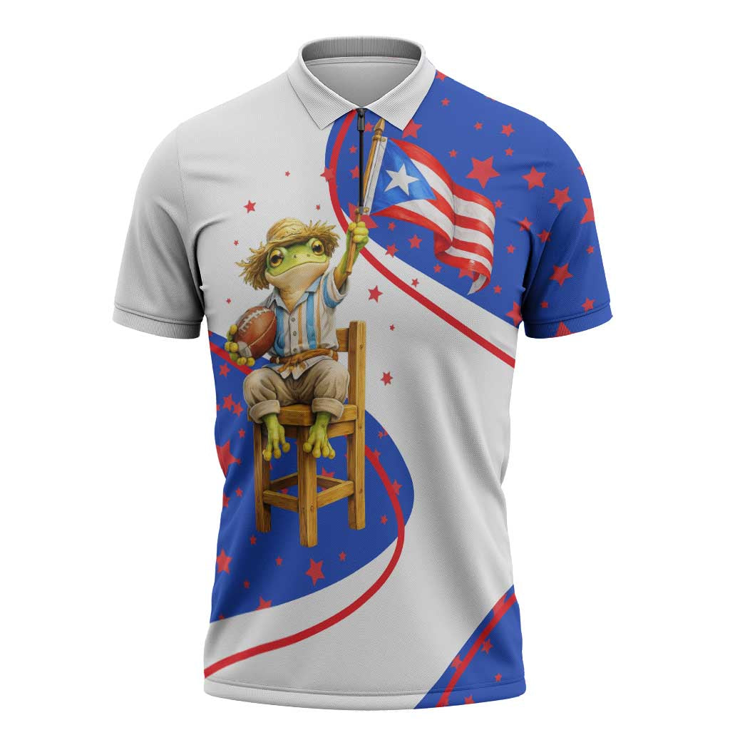 Puerto Rico Coquí Frog Football Fan Zipper Polo Shirt Whimsical Cartoon Style with Patriotic Elements