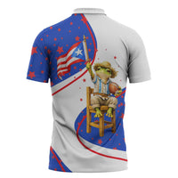 Puerto Rico Coquí Frog Football Fan Zipper Polo Shirt Whimsical Cartoon Style with Patriotic Elements