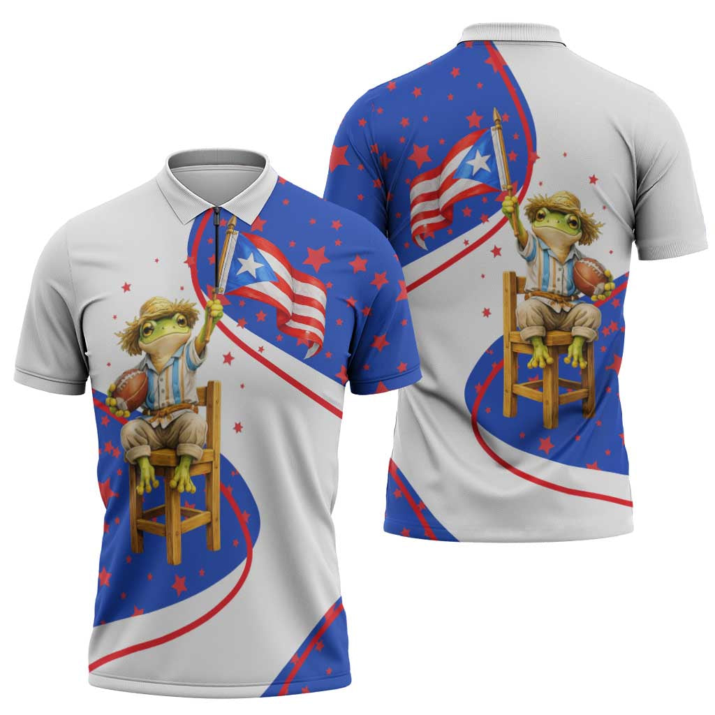 Puerto Rico Coquí Frog Football Fan Zipper Polo Shirt Whimsical Cartoon Style with Patriotic Elements