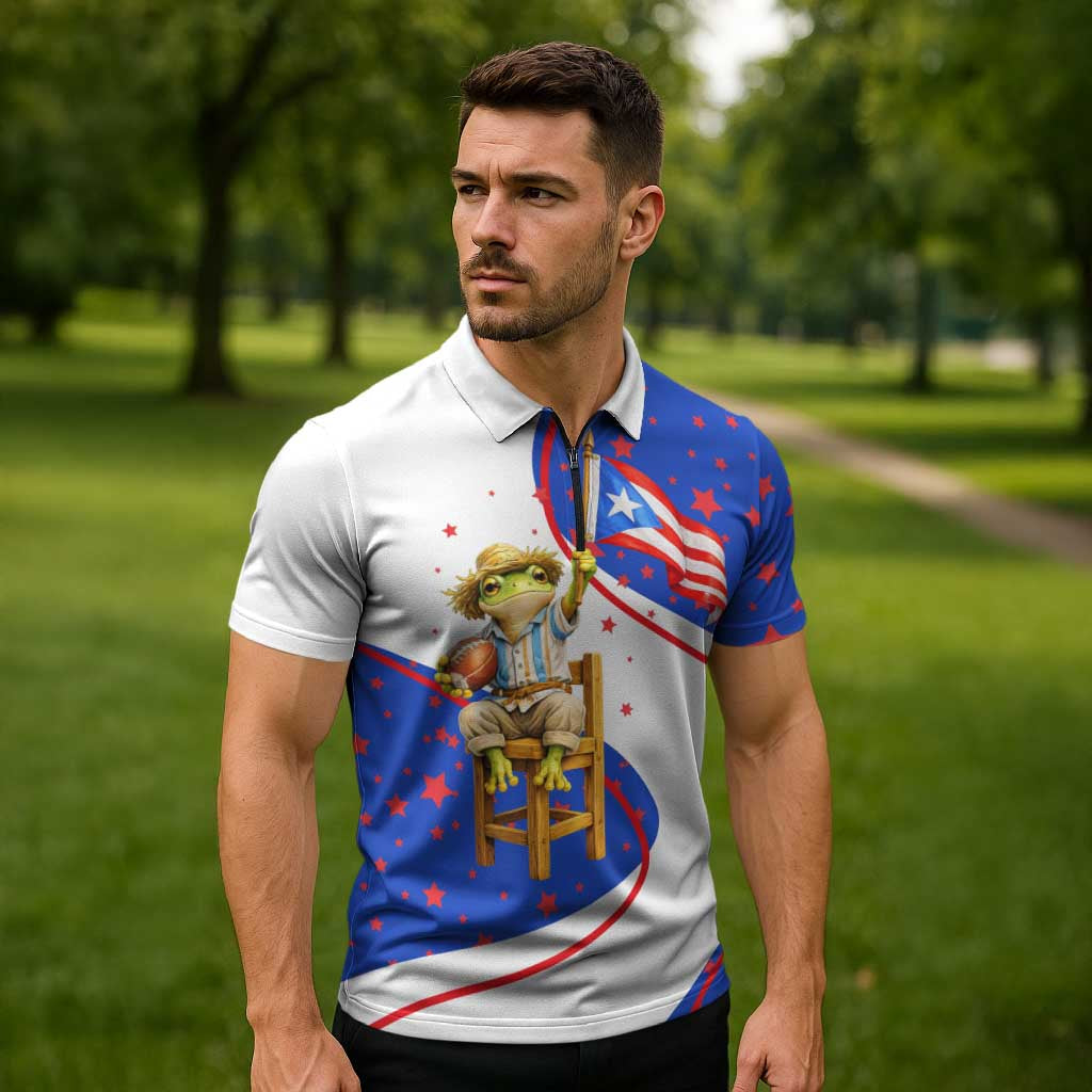Puerto Rico Coquí Frog Football Fan Zipper Polo Shirt Whimsical Cartoon Style with Patriotic Elements
