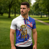 Puerto Rico Coquí Frog Football Fan Zipper Polo Shirt Whimsical Cartoon Style with Patriotic Elements
