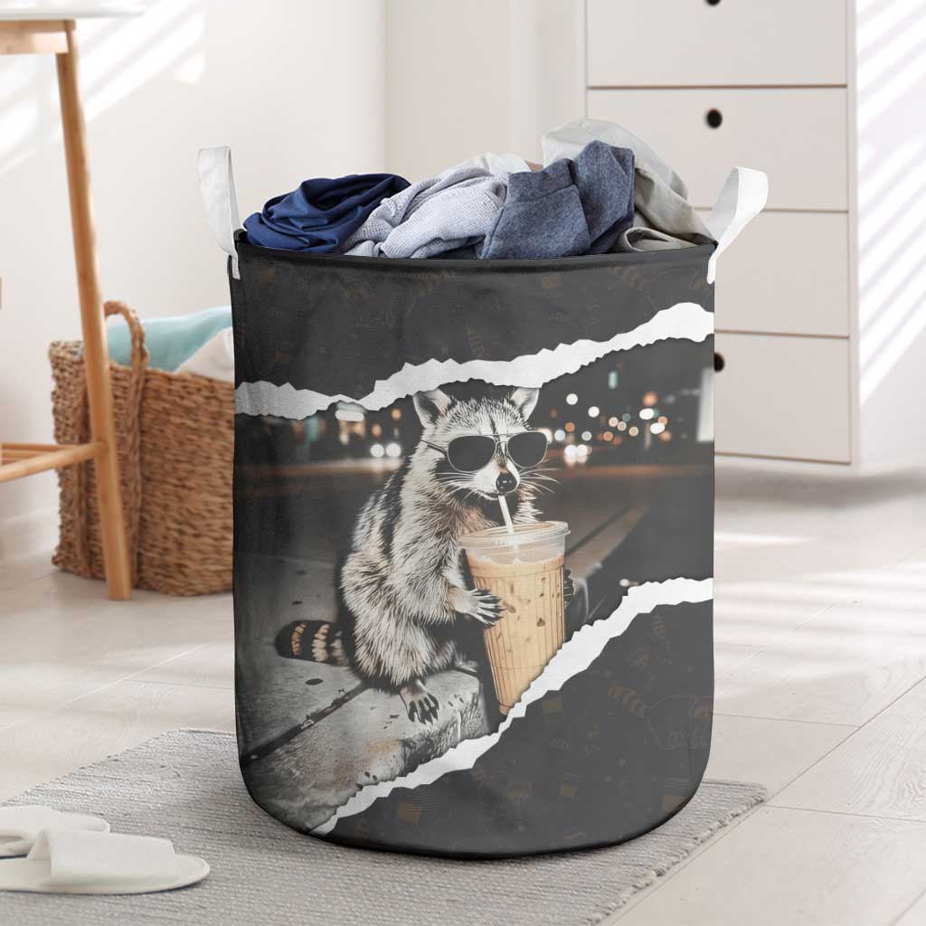Cool Raccoon Drinking Iced Coffee Laundry Basket Funny Animal Meme Urban Night Photography