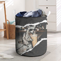Cool Raccoon Drinking Iced Coffee Laundry Basket Funny Animal Meme Urban Night Photography