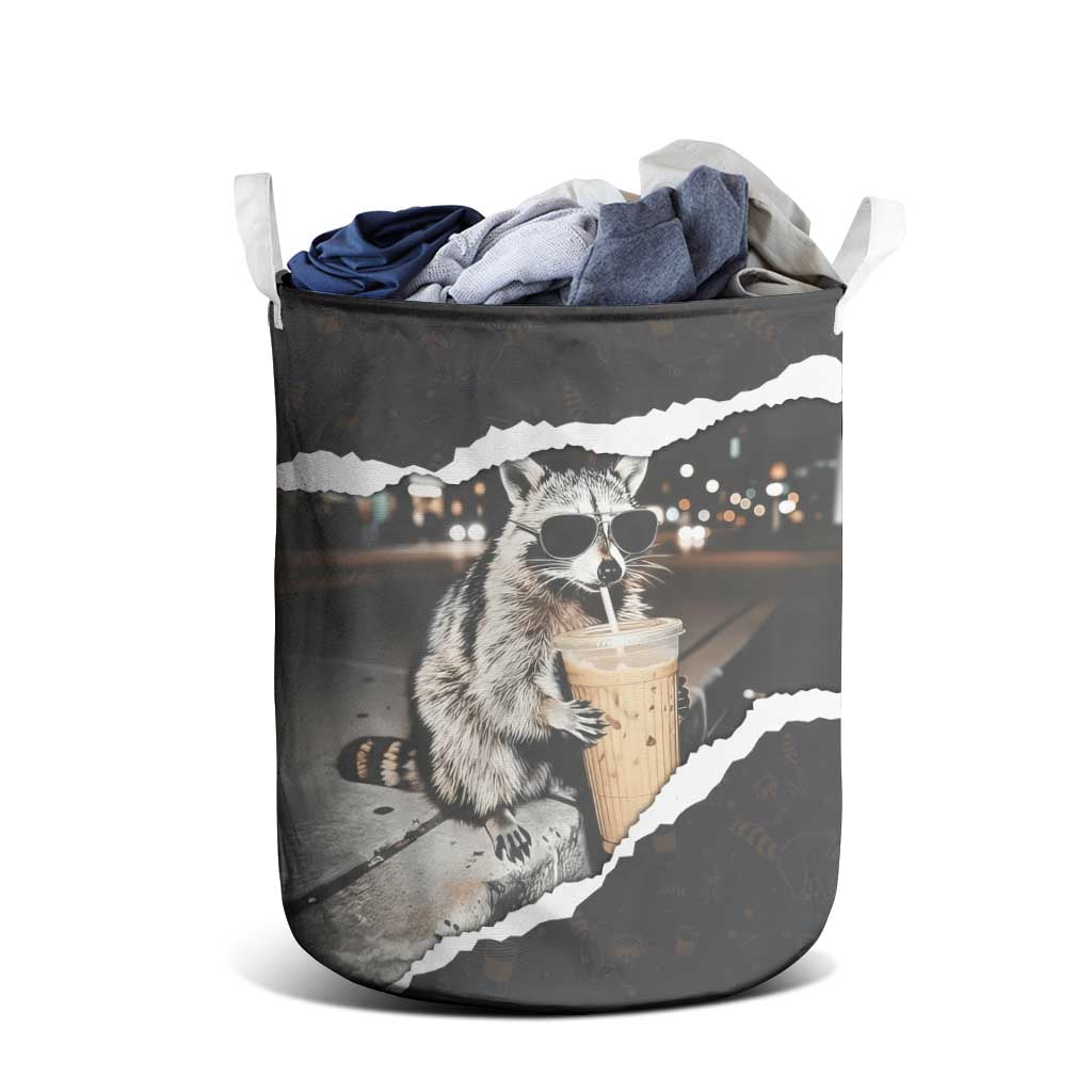 Cool Raccoon Drinking Iced Coffee Laundry Basket Funny Animal Meme Urban Night Photography
