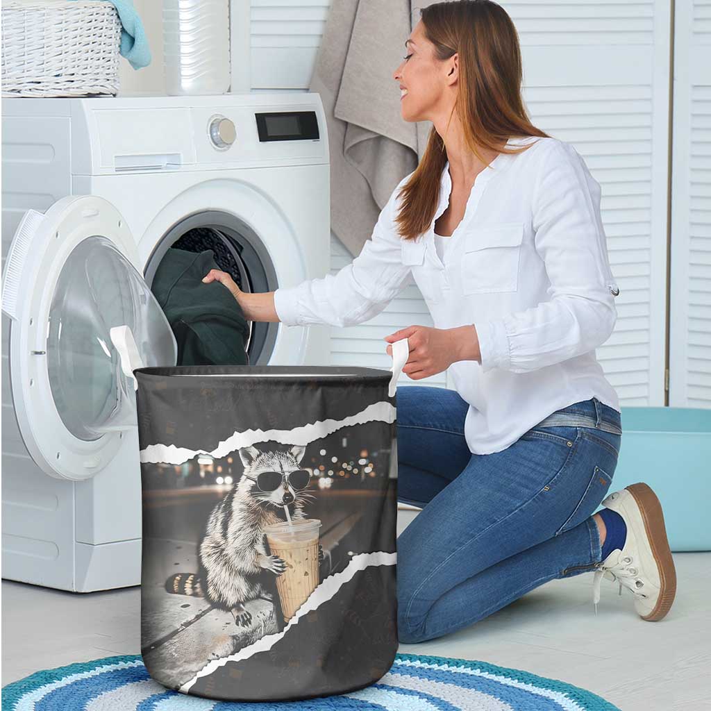 Cool Raccoon Drinking Iced Coffee Laundry Basket Funny Animal Meme Urban Night Photography
