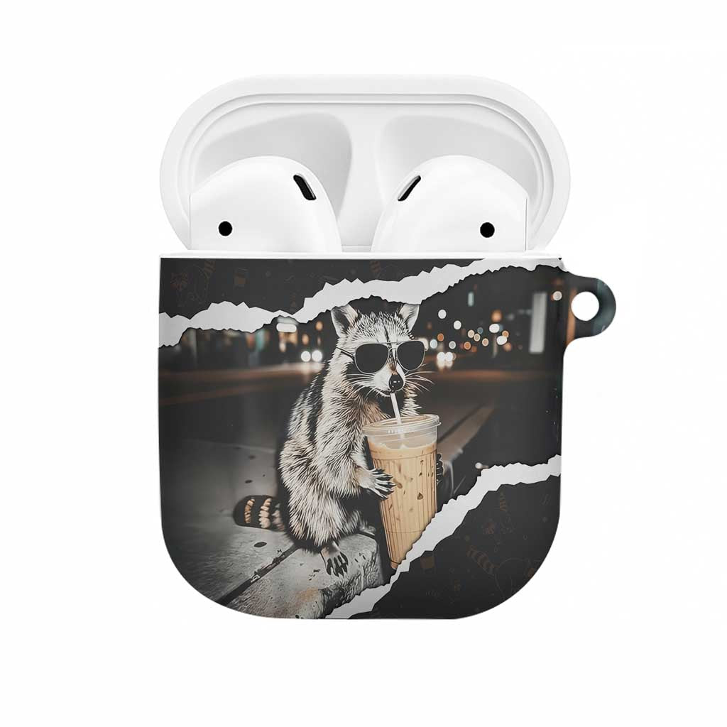 Cool Raccoon Drinking Iced Coffee AirPods Case Funny Animal Meme Urban Night Photography