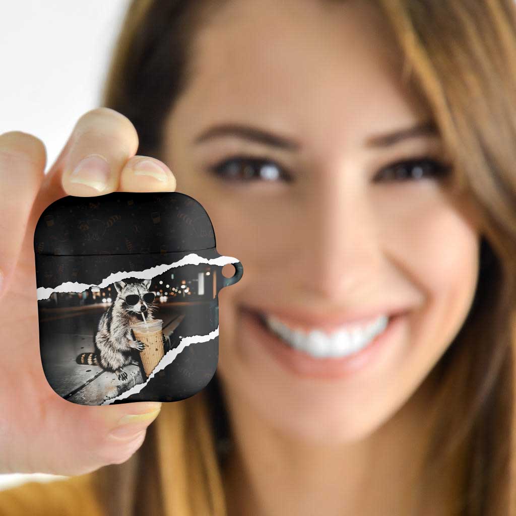 Cool Raccoon Drinking Iced Coffee AirPods Case Funny Animal Meme Urban Night Photography