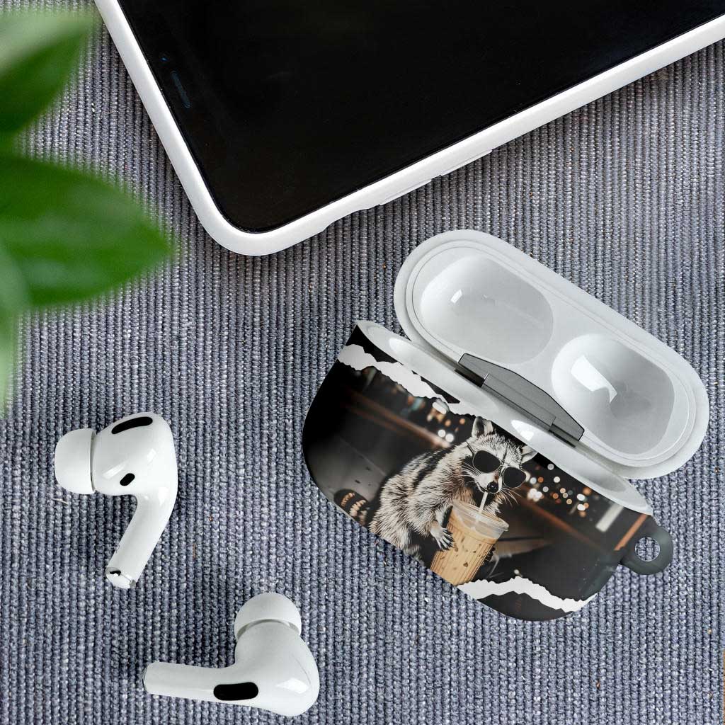 Cool Raccoon Drinking Iced Coffee AirPods Case Funny Animal Meme Urban Night Photography