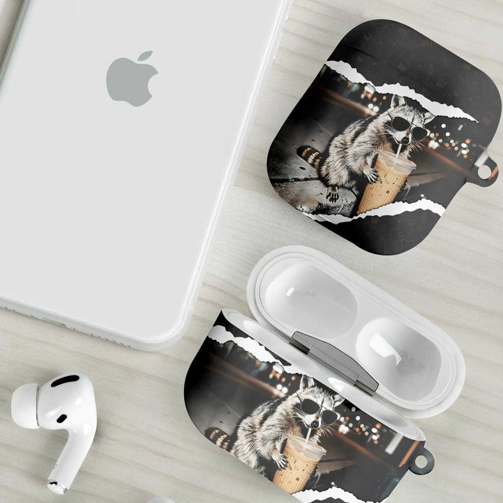 Cool Raccoon Drinking Iced Coffee AirPods Case Funny Animal Meme Urban Night Photography
