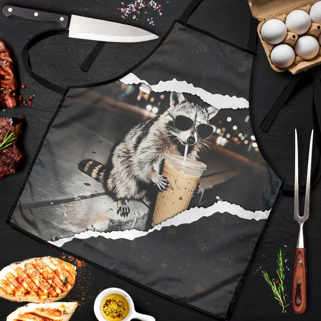 Cool Raccoon Drinking Iced Coffee Apron Funny Animal Meme Urban Night Photography