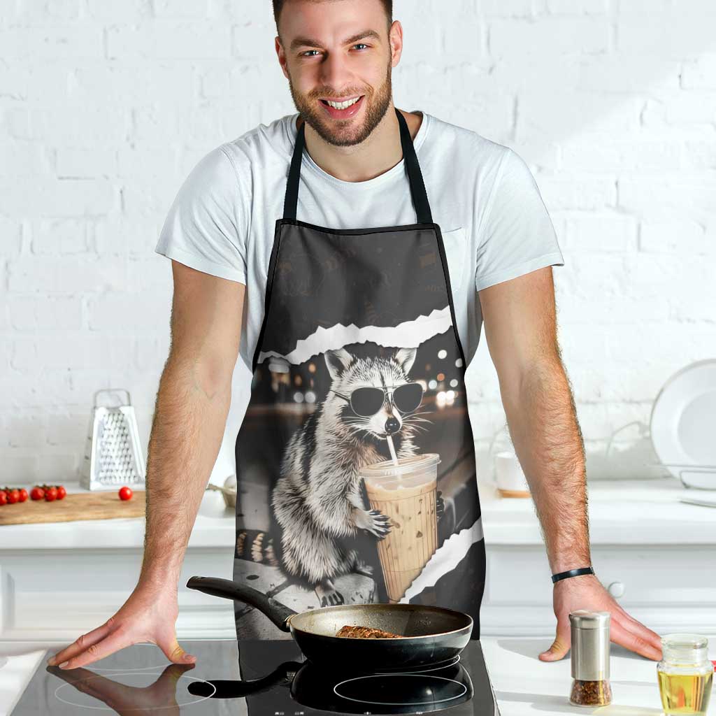 Cool Raccoon Drinking Iced Coffee Apron Funny Animal Meme Urban Night Photography