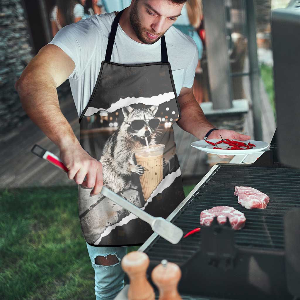 Cool Raccoon Drinking Iced Coffee Apron Funny Animal Meme Urban Night Photography