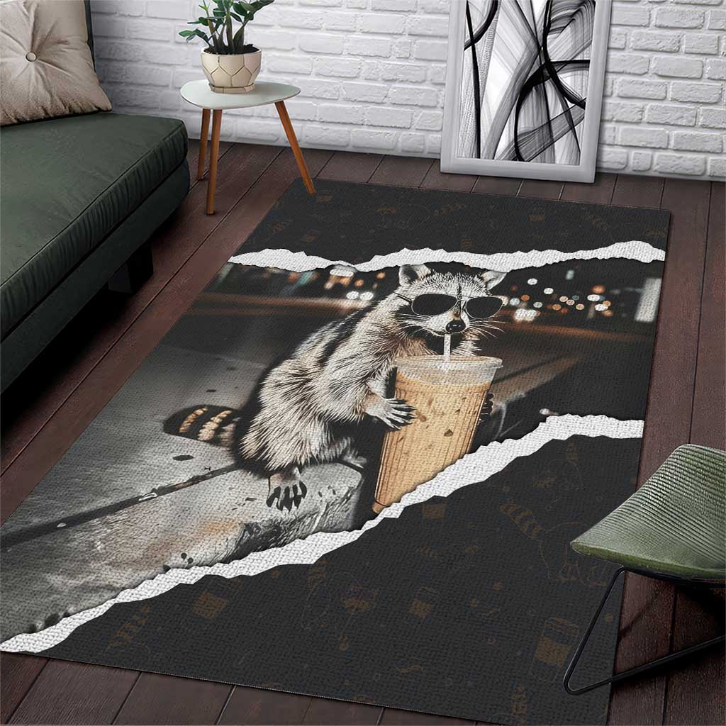 Cool Raccoon Drinking Iced Coffee Area Rug Funny Animal Meme Urban Night Photography