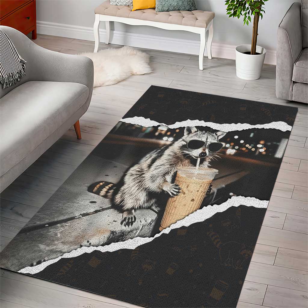 Cool Raccoon Drinking Iced Coffee Area Rug Funny Animal Meme Urban Night Photography