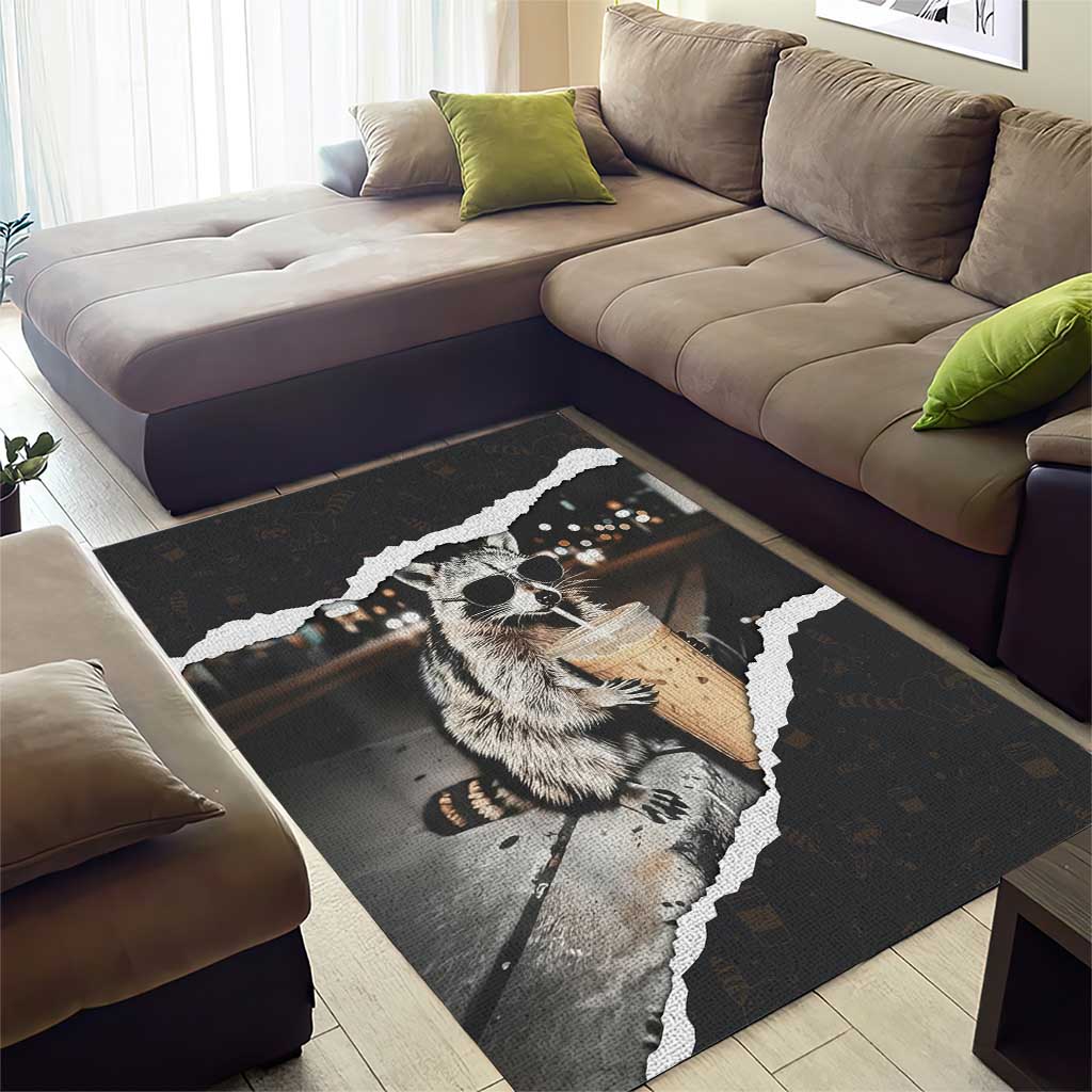 Cool Raccoon Drinking Iced Coffee Area Rug Funny Animal Meme Urban Night Photography
