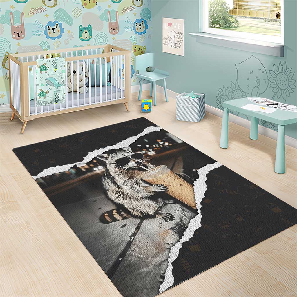 Cool Raccoon Drinking Iced Coffee Area Rug Funny Animal Meme Urban Night Photography