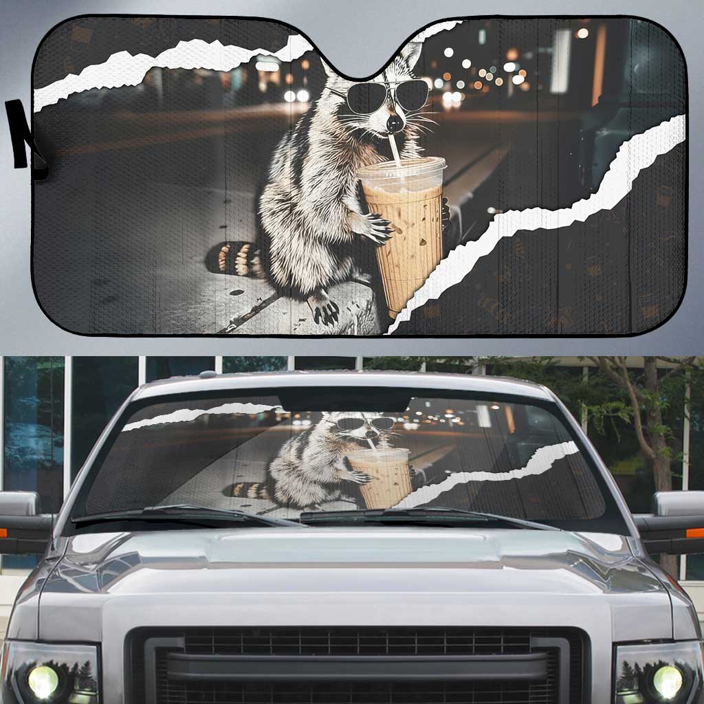 Cool Raccoon Drinking Iced Coffee Auto Sun Shade Funny Animal Meme Urban Night Photography