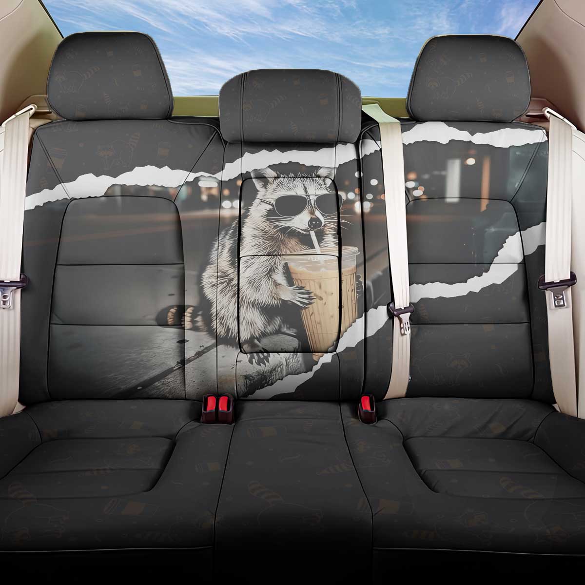 Cool Raccoon Drinking Iced Coffee Back Car Seat Cover Funny Animal Meme Urban Night Photography