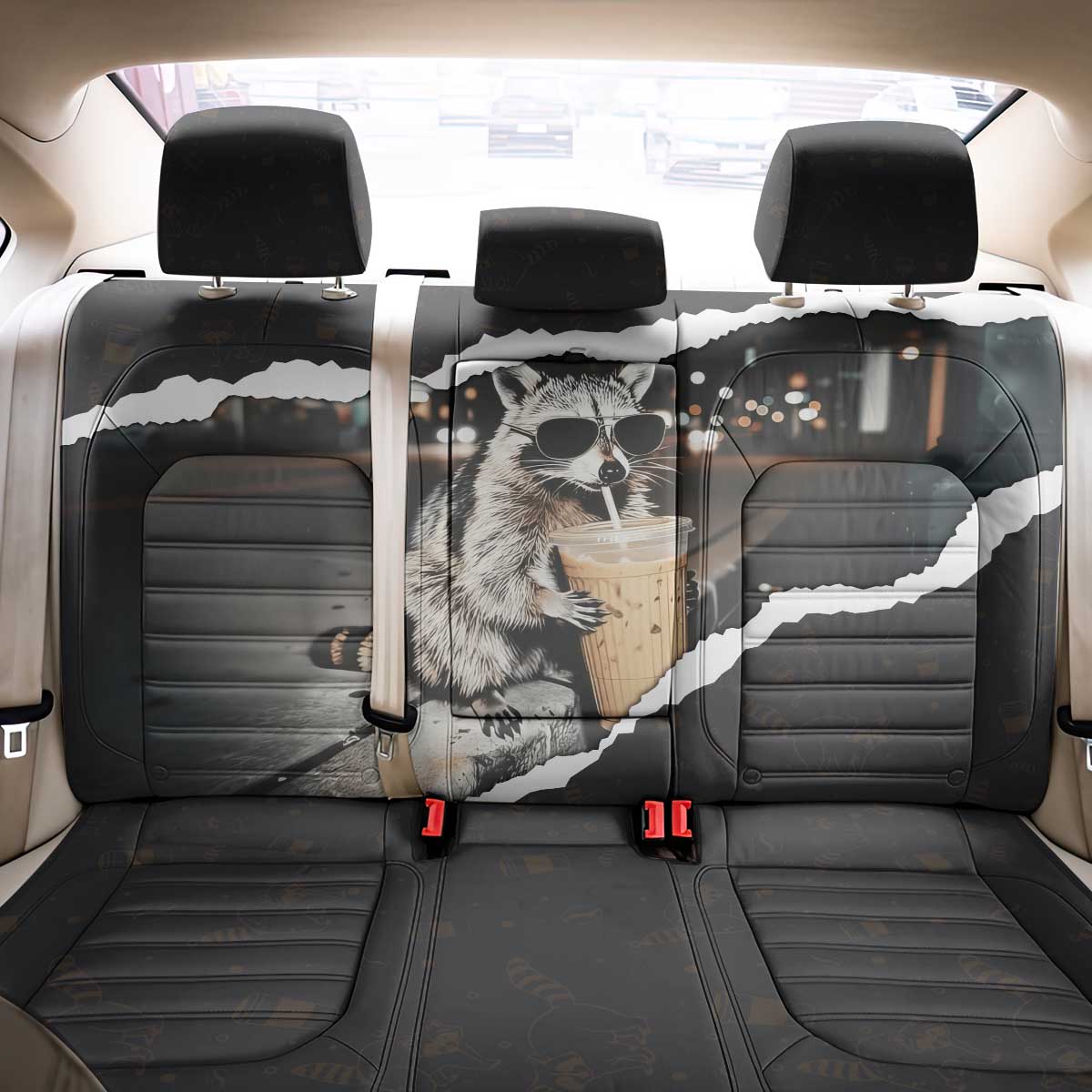 Cool Raccoon Drinking Iced Coffee Back Car Seat Cover Funny Animal Meme Urban Night Photography