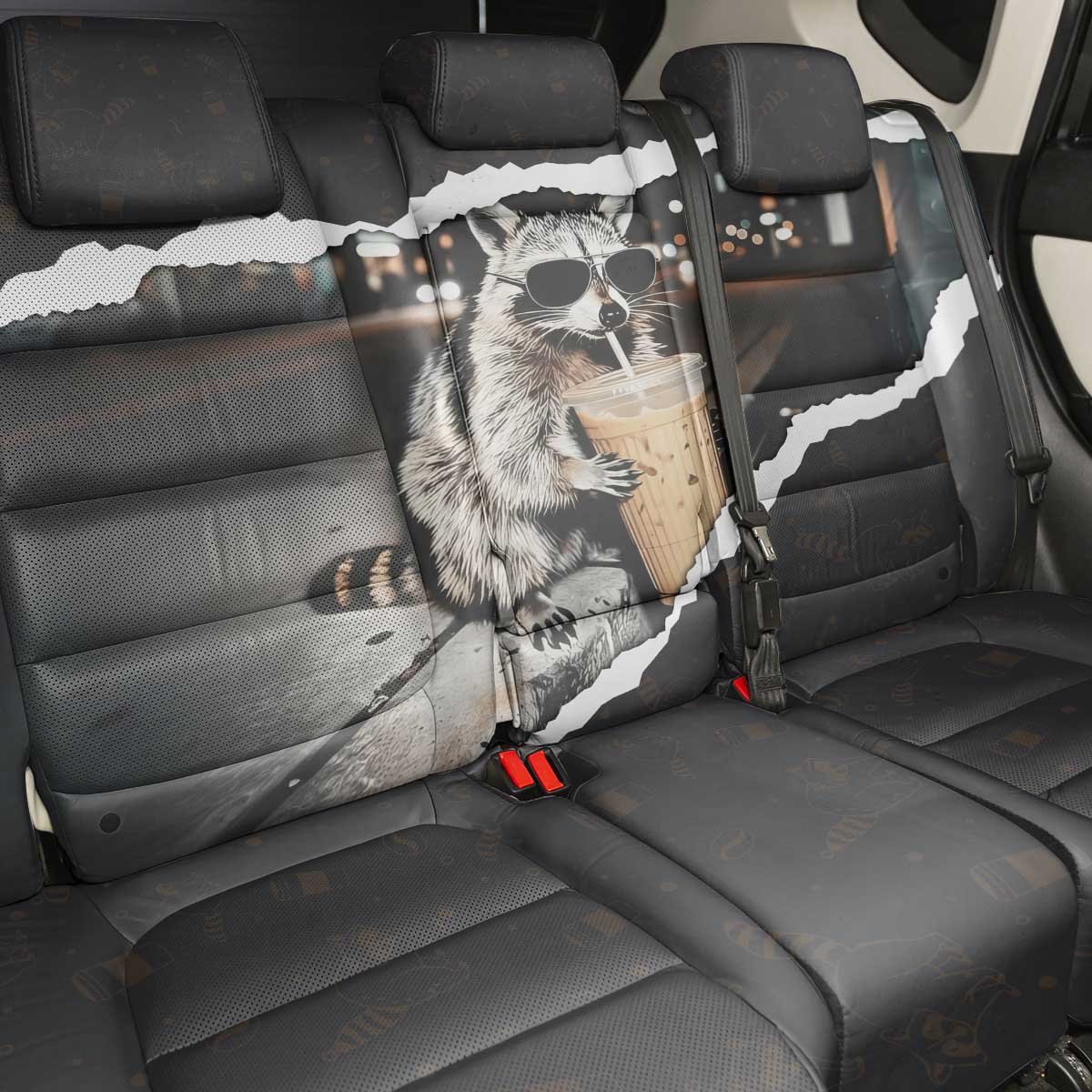 Cool Raccoon Drinking Iced Coffee Back Car Seat Cover Funny Animal Meme Urban Night Photography