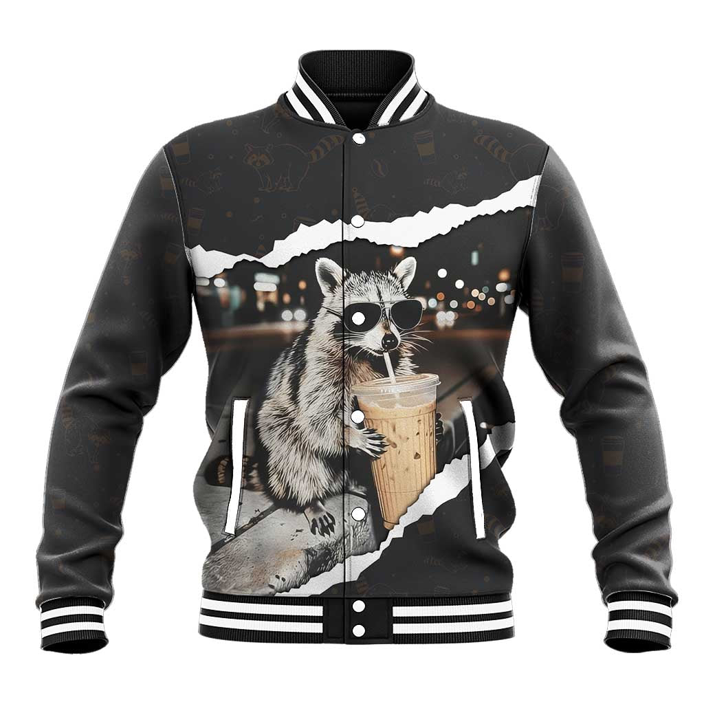 Cool Raccoon Drinking Iced Coffee Baseball Jacket Funny Animal Meme Urban Night Photography