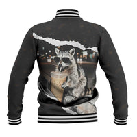 Cool Raccoon Drinking Iced Coffee Baseball Jacket Funny Animal Meme Urban Night Photography