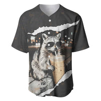 Cool Raccoon Drinking Iced Coffee Baseball Jersey Funny Animal Meme Urban Night Photography