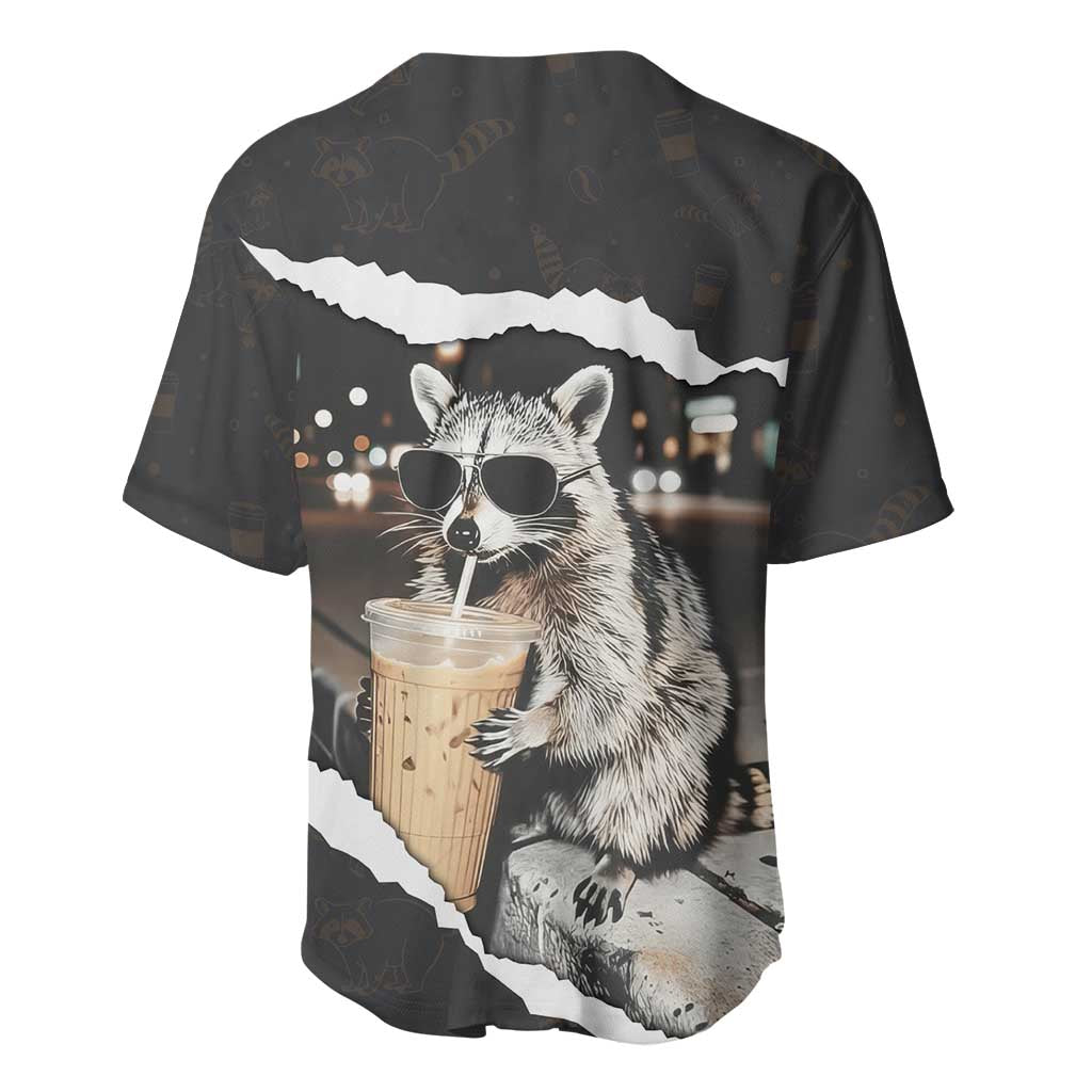 Cool Raccoon Drinking Iced Coffee Baseball Jersey Funny Animal Meme Urban Night Photography