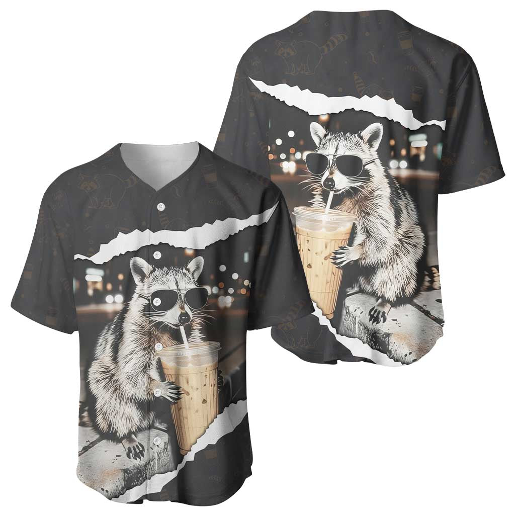 Cool Raccoon Drinking Iced Coffee Baseball Jersey Funny Animal Meme Urban Night Photography
