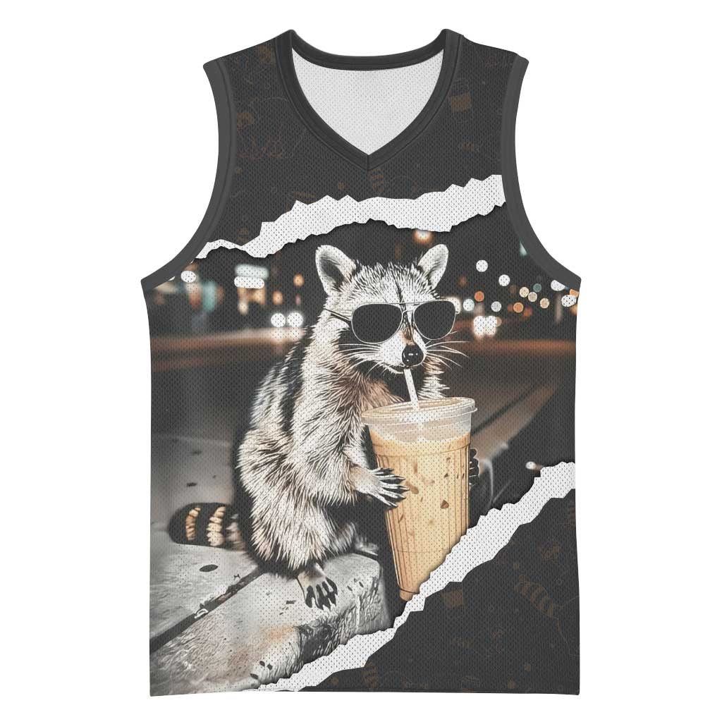 Cool Raccoon Drinking Iced Coffee Basketball Jersey Funny Animal Meme Urban Night Photography