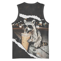 Cool Raccoon Drinking Iced Coffee Basketball Jersey Funny Animal Meme Urban Night Photography