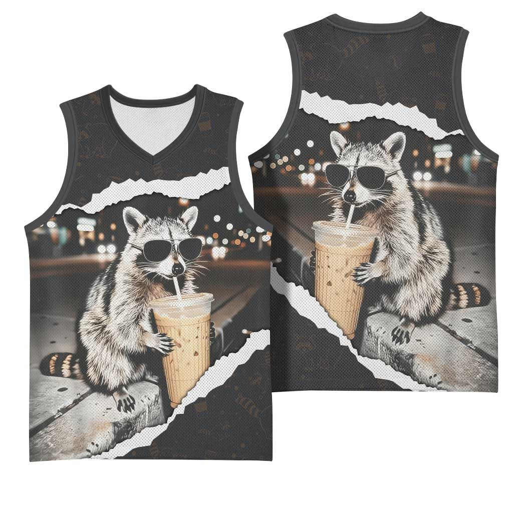 Cool Raccoon Drinking Iced Coffee Basketball Jersey Funny Animal Meme Urban Night Photography