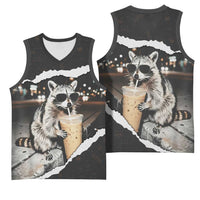 Cool Raccoon Drinking Iced Coffee Basketball Jersey Funny Animal Meme Urban Night Photography