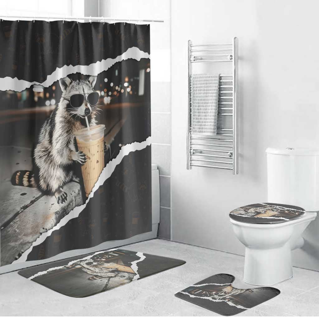 Cool Raccoon Drinking Iced Coffee Bathroom Set Funny Animal Meme Urban Night Photography