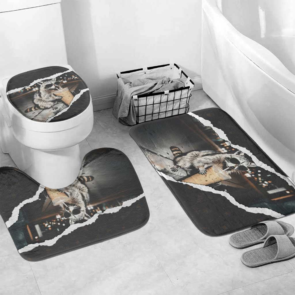 Cool Raccoon Drinking Iced Coffee Bathroom Set Funny Animal Meme Urban Night Photography
