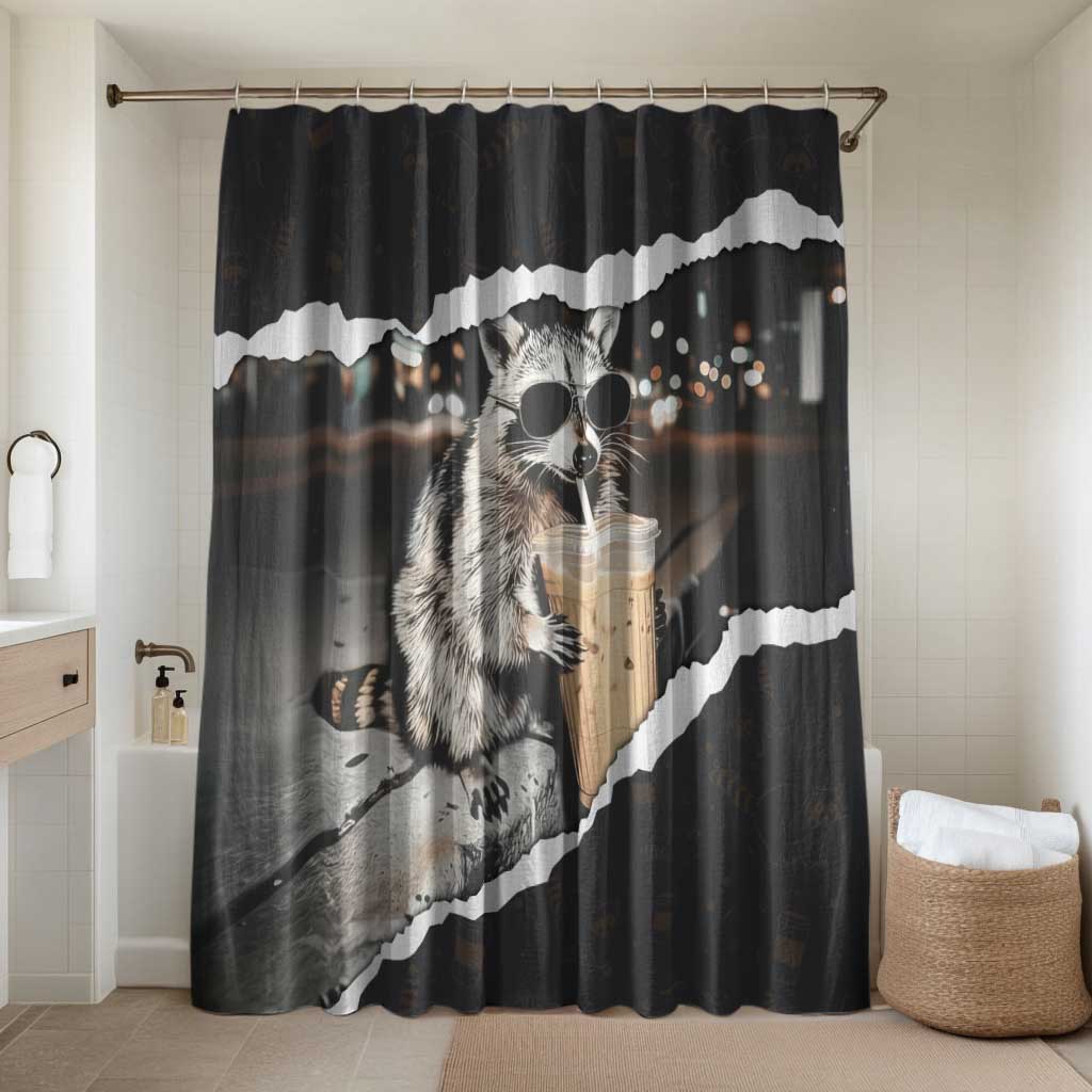 Cool Raccoon Drinking Iced Coffee Bathroom Set Funny Animal Meme Urban Night Photography