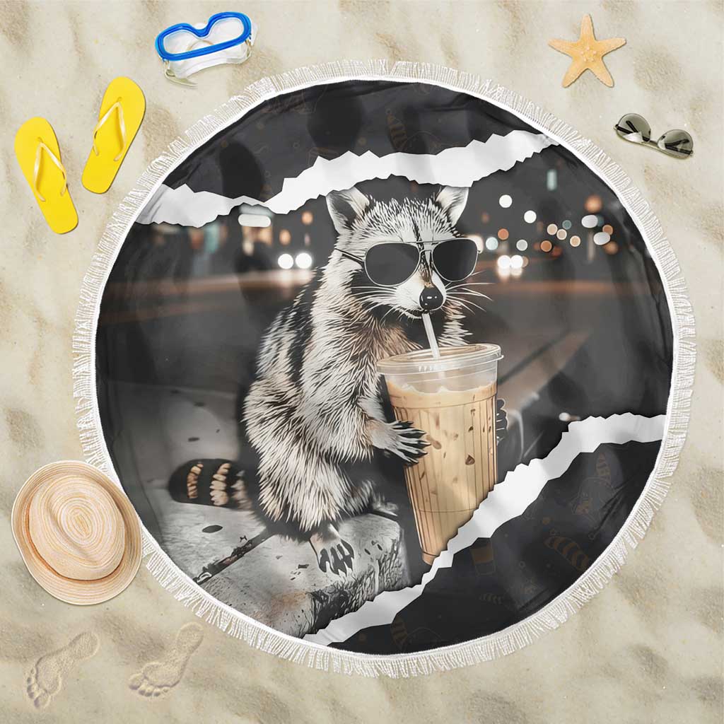 Cool Raccoon Drinking Iced Coffee Beach Blanket Funny Animal Meme Urban Night Photography