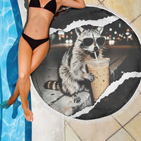 Cool Raccoon Drinking Iced Coffee Beach Blanket Funny Animal Meme Urban Night Photography